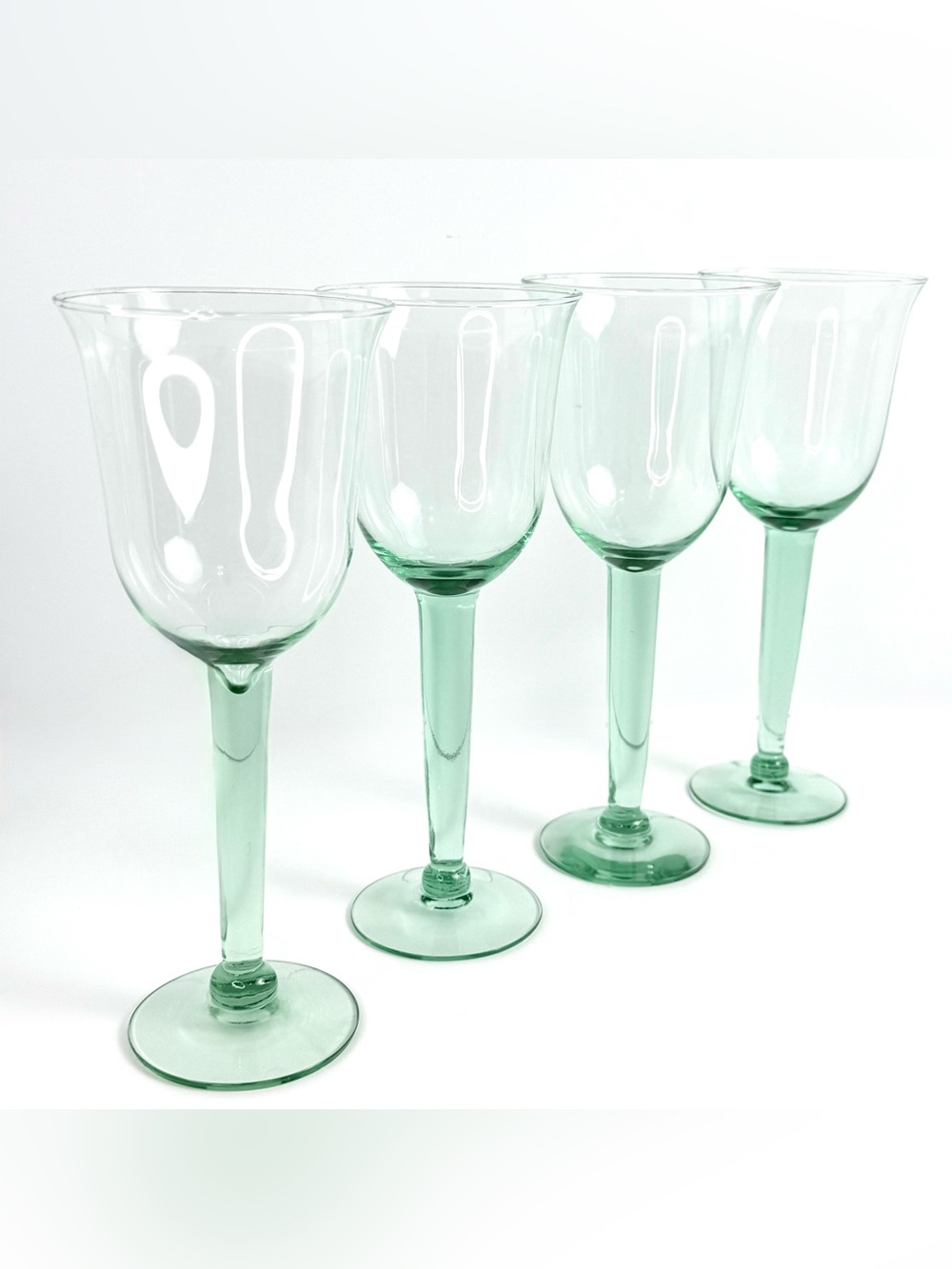 4 Vintage Mexican Recycled Hand Blown Glass Sea Green Wine Water Goblet 9.5”